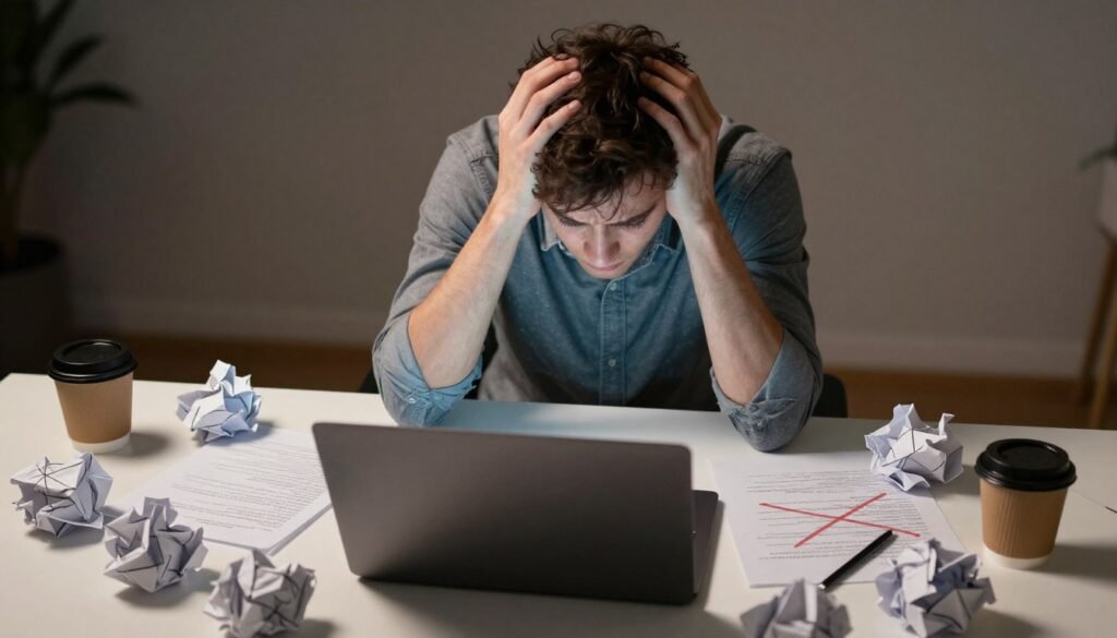 stressed person planning proposal with many crossed out ideas