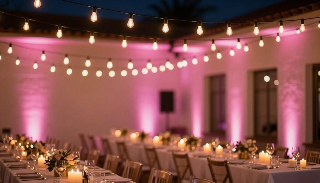 string lights and uplighting creating party ambiance