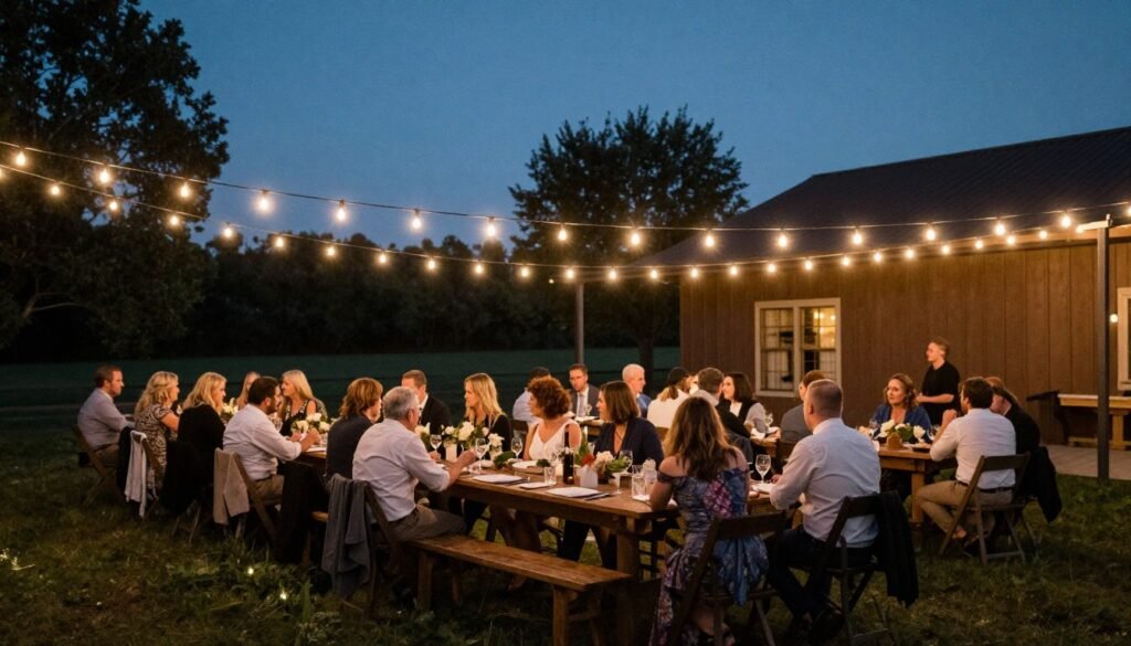 string lights creating ambiance at rustic wedding reception