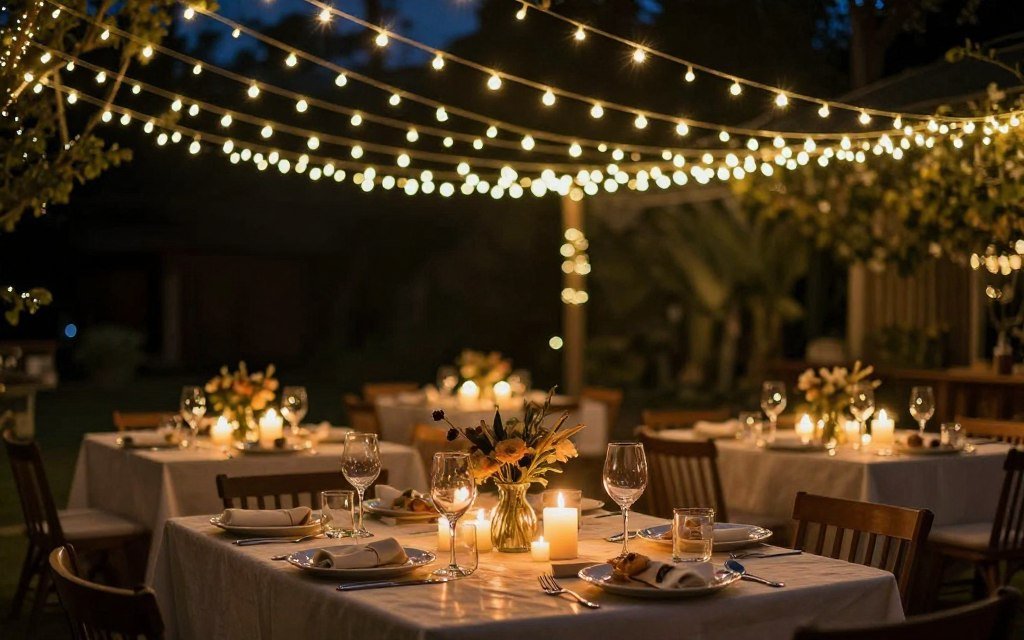 string lights over outdoor table setting