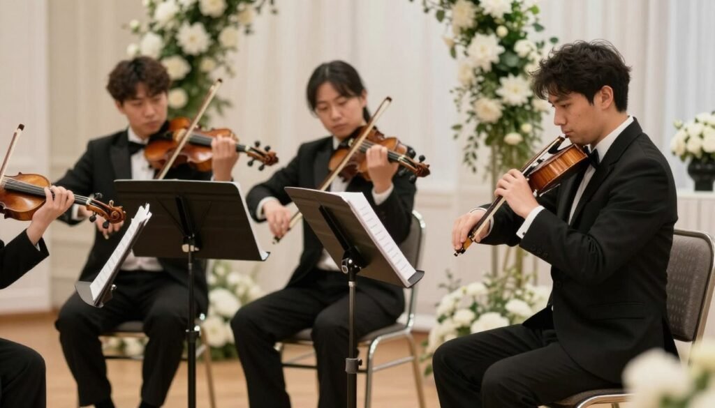 string quartet playing at wedding ceremony with music sheets