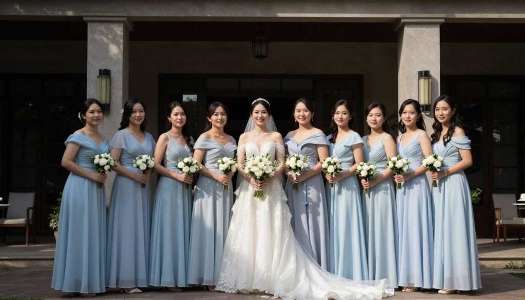 stunning wedding party photo with light blue bridesmaid dresses