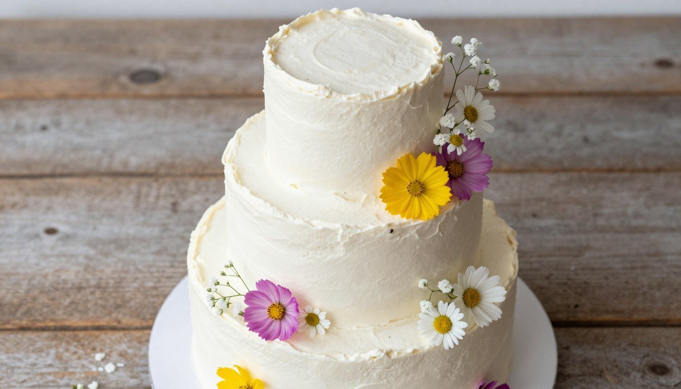 stunning wildflower cake with buttercream flowers and fresh blooms