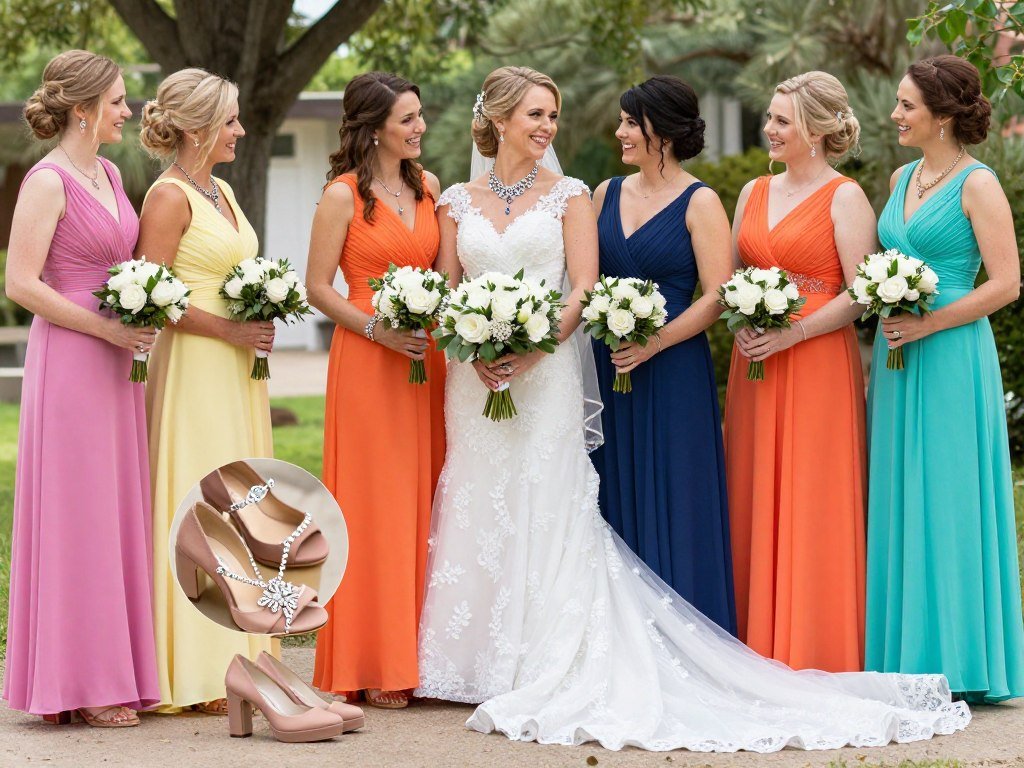 styled bridal party showing coordinated accessories jewelry and bouquets with colorful dresses