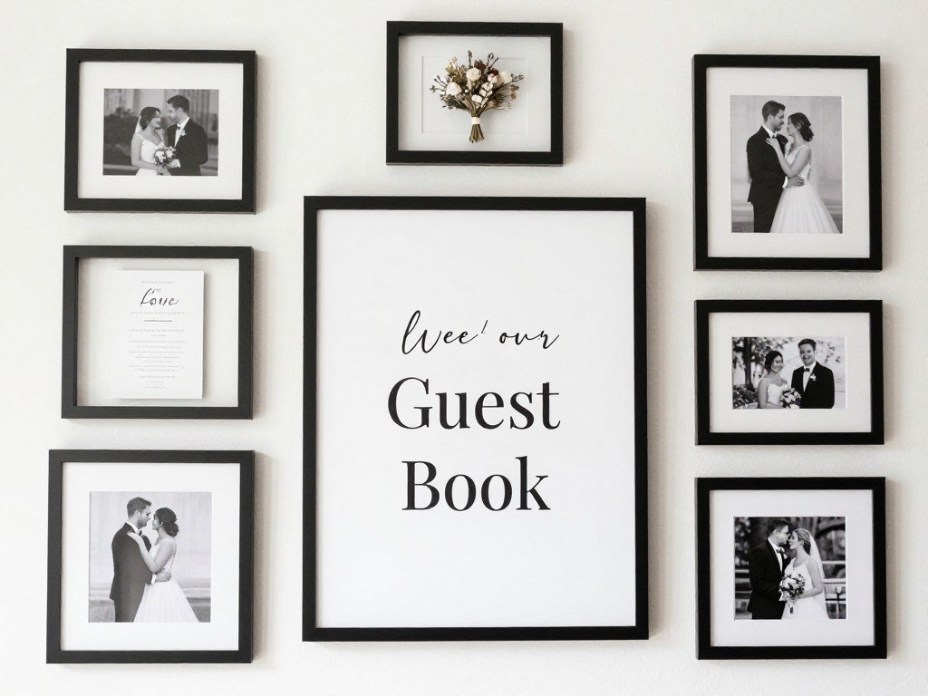 styled gallery wall arrangement with wedding guest book as centerpiece surrounded by photos and memorabilia styled gallery wall arrangement with wedding guest book as centerpiece surrounded by photos and memorabilia