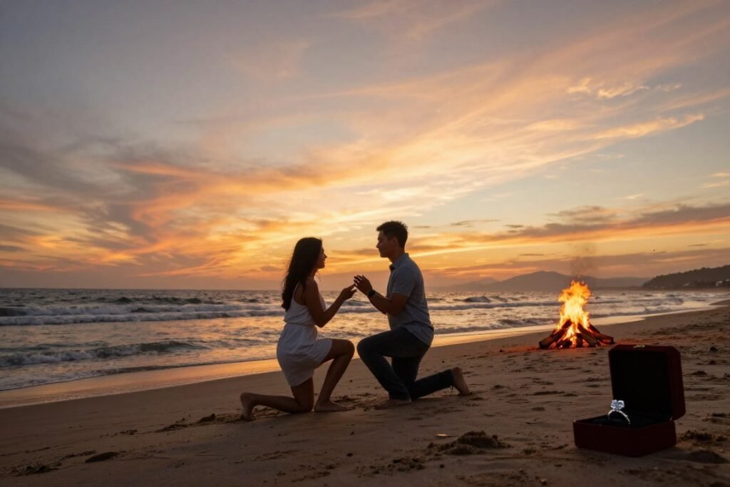 summer beach proposal at sunset
