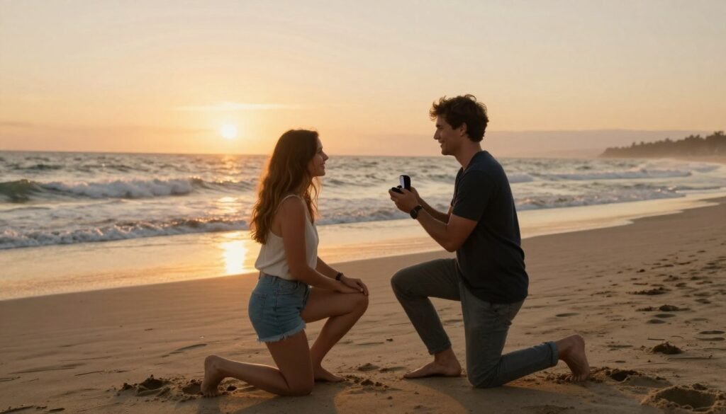 summer beach proposal at sunset