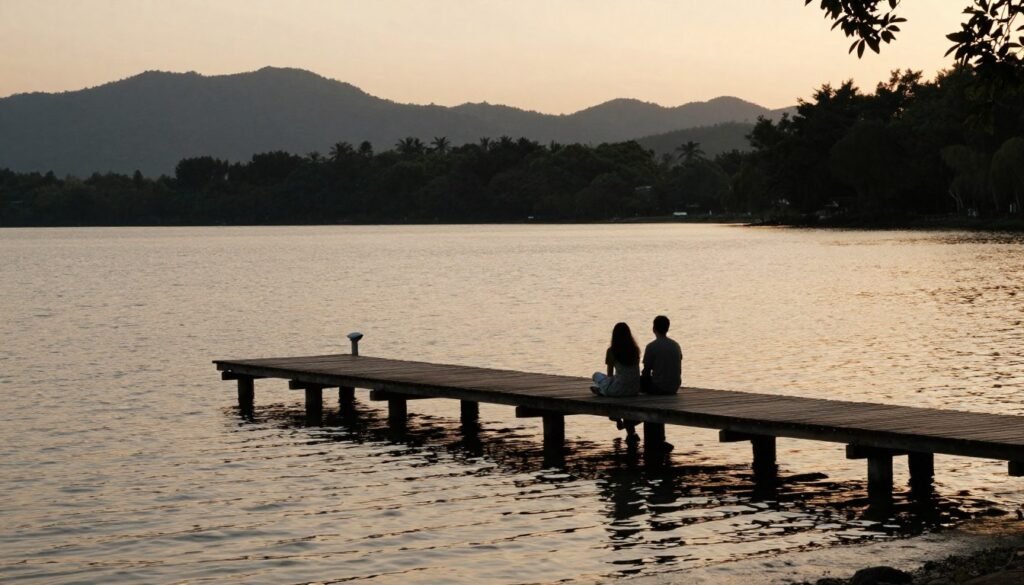 summer lake proposal at golden hour sunset