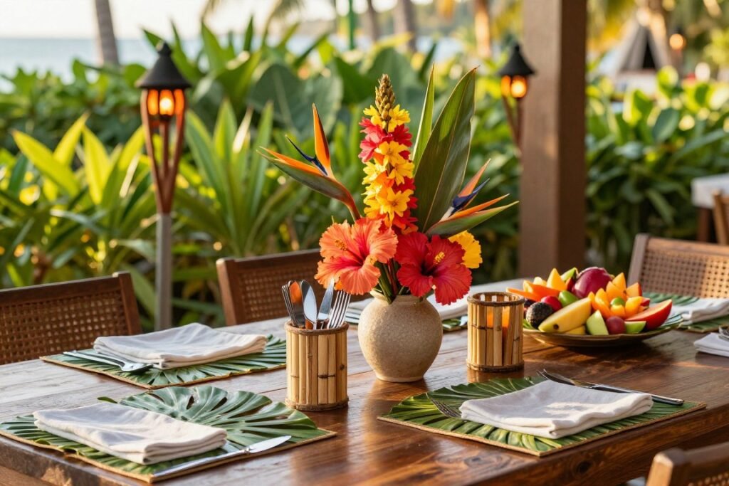 summer outdoor dining table with tropical theme