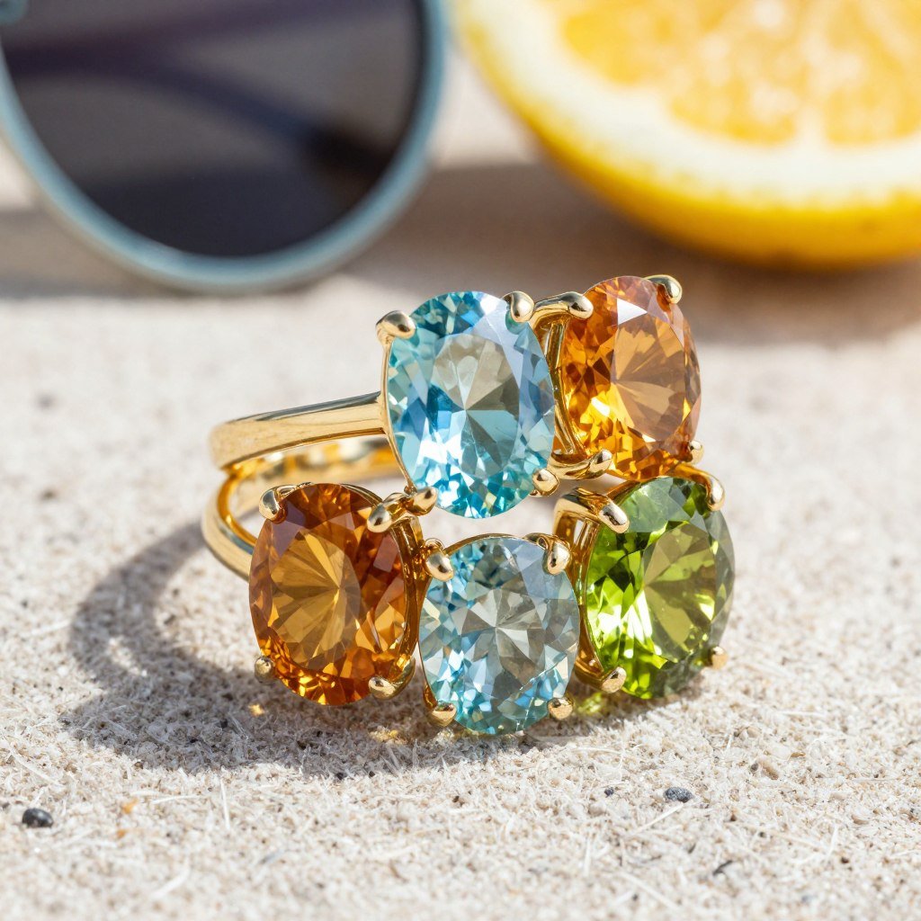 summer ring stack with bright colorful gemstones