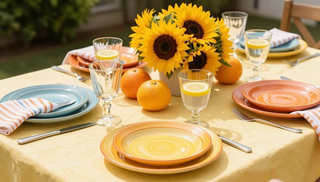 summer table setting with bright colors and citrus