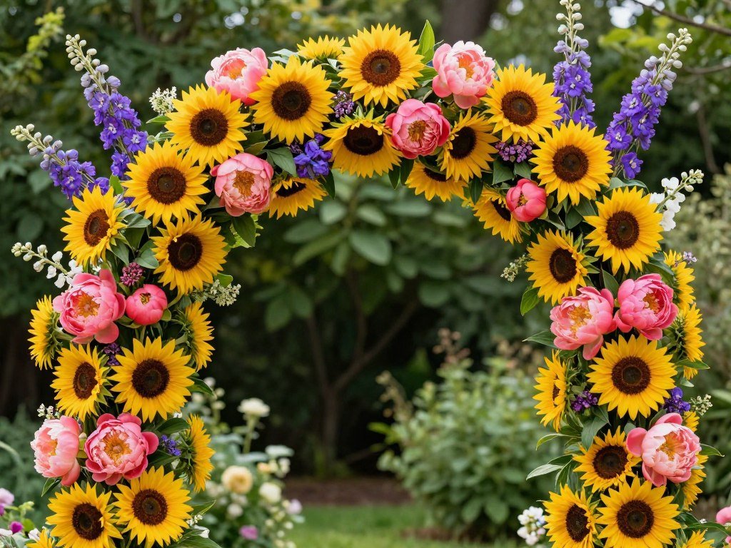 summer wedding arch with bright colorful flowers