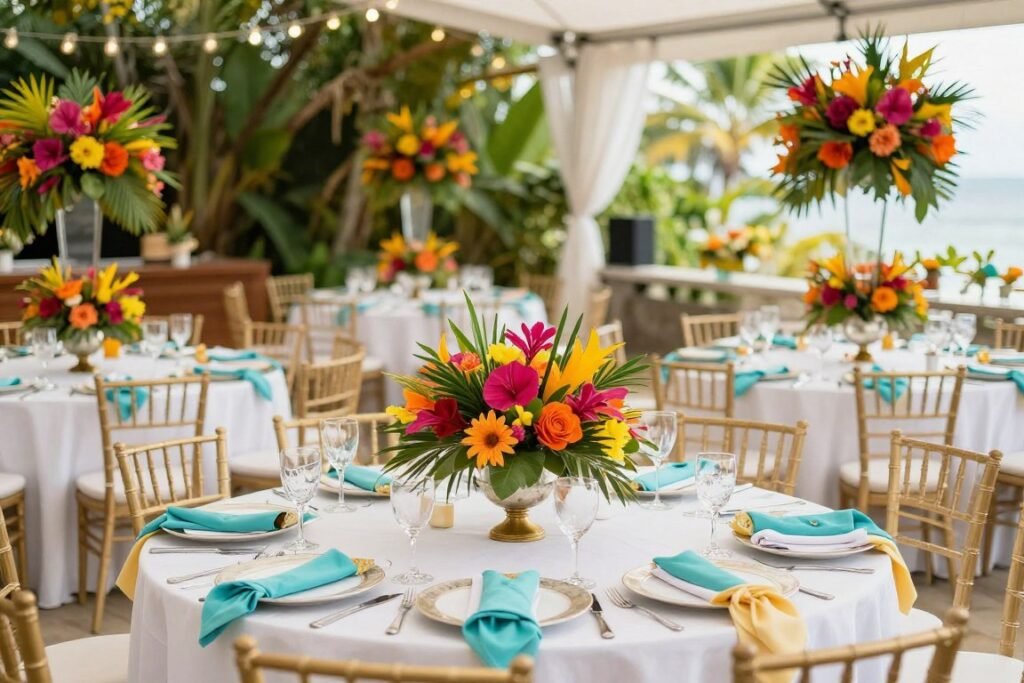 summer wedding color palette with vibrant tropical flowers and bright décor