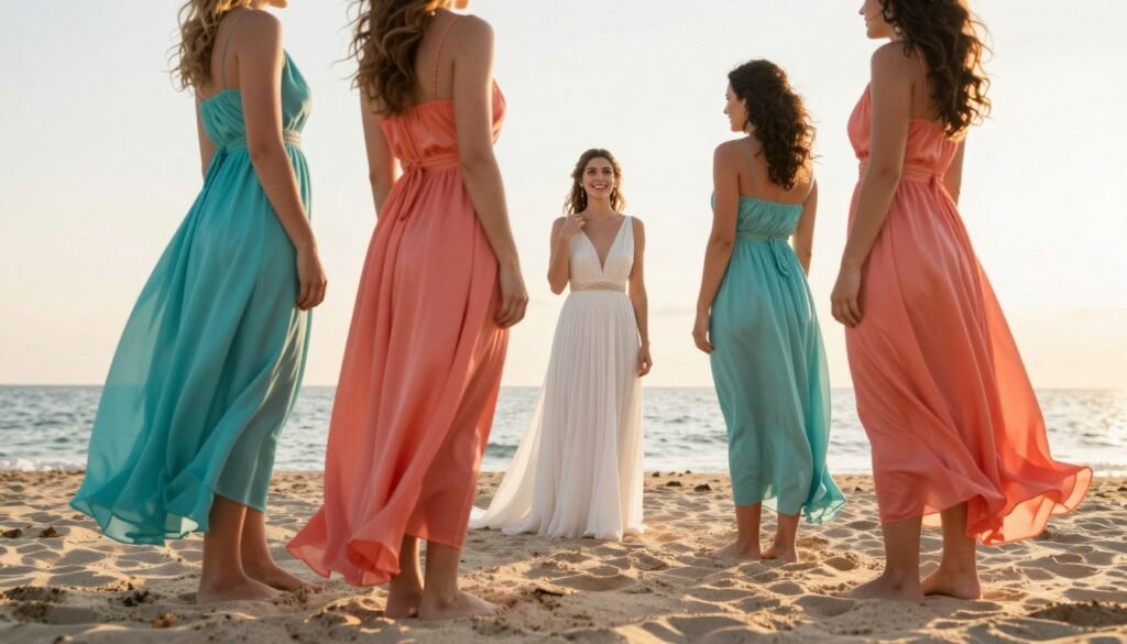 summer wedding with bridesmaids in light satin dresses