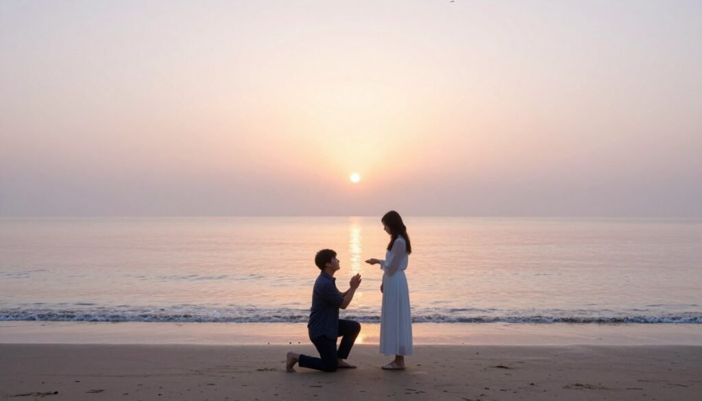 sunrise beach proposal with couple on sandy beach during early morning golden light sunrise beach proposal with couple on sandy beach during early morning golden light