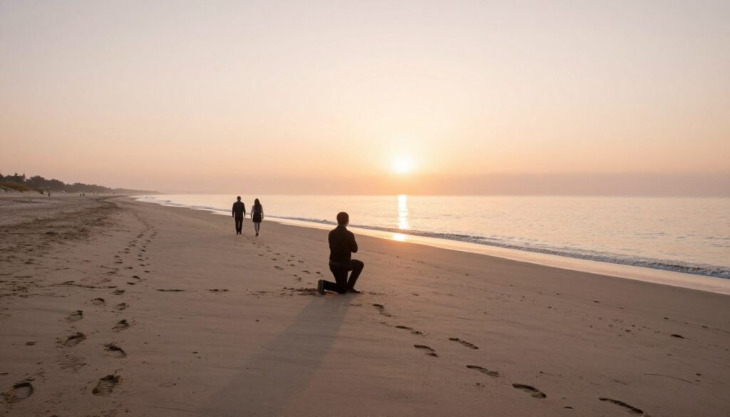 sunrise beach proposal with golden light
