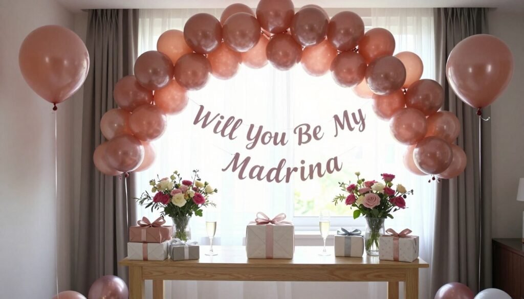 surprise madrina proposal setup with balloons and gifts