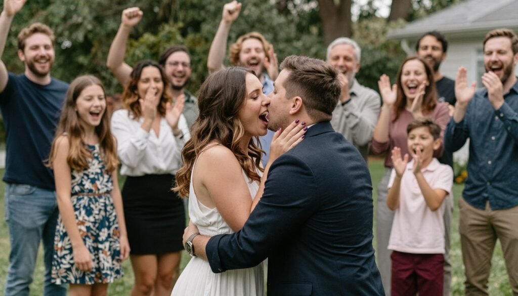 surprise proposal with family and friends celebrating