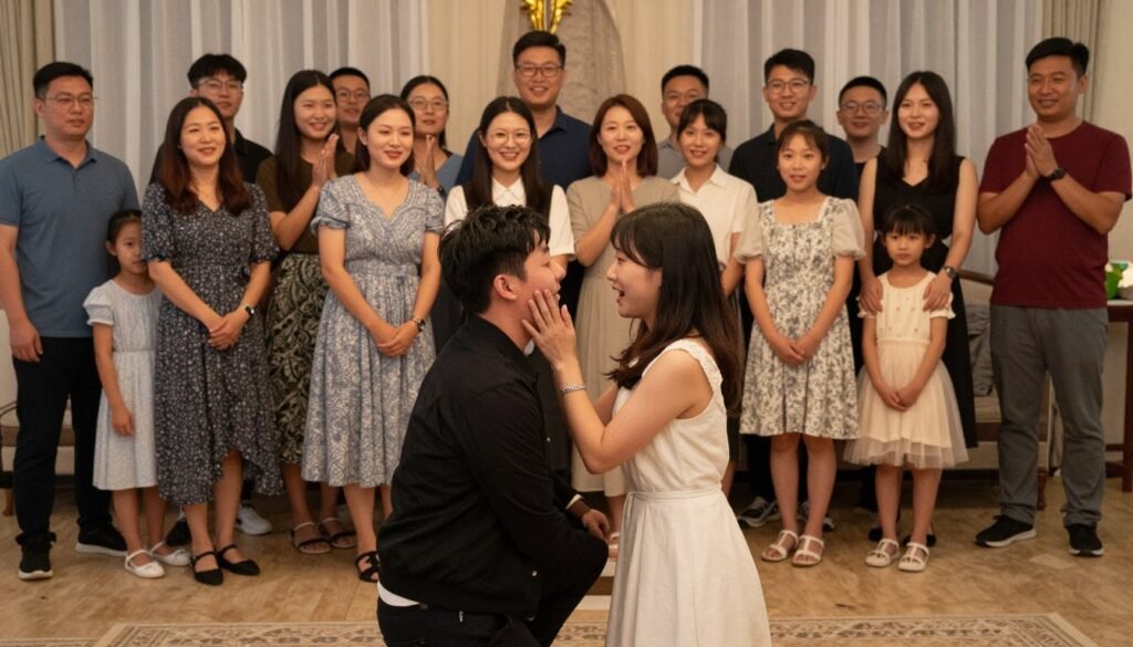 surprise proposal with family and friends watching