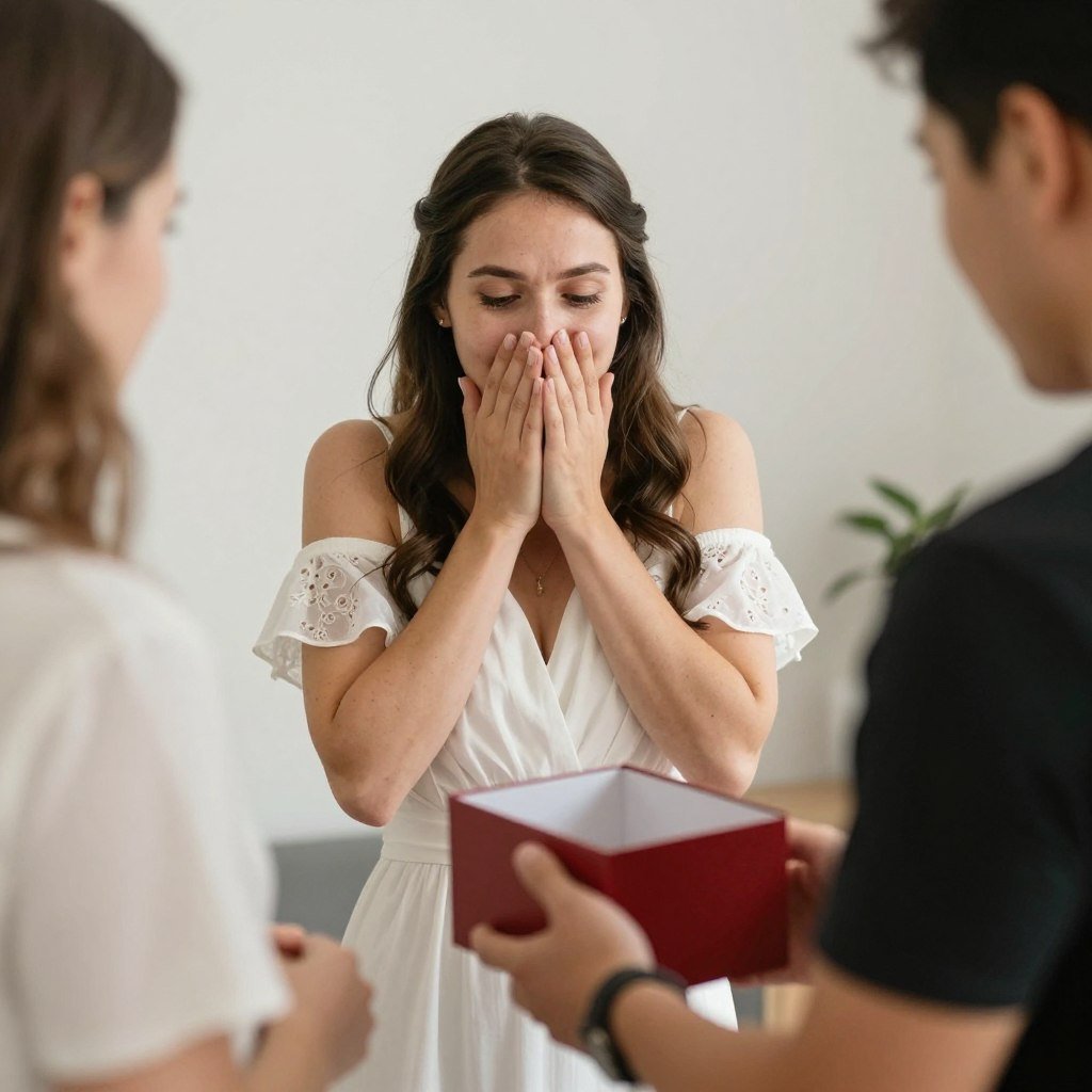 surprised bridesmaid receiving unexpected proposal box