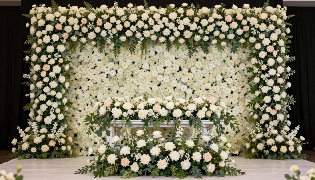 sweetheart table with floral backdrop wall sweetheart table with floral backdrop wall