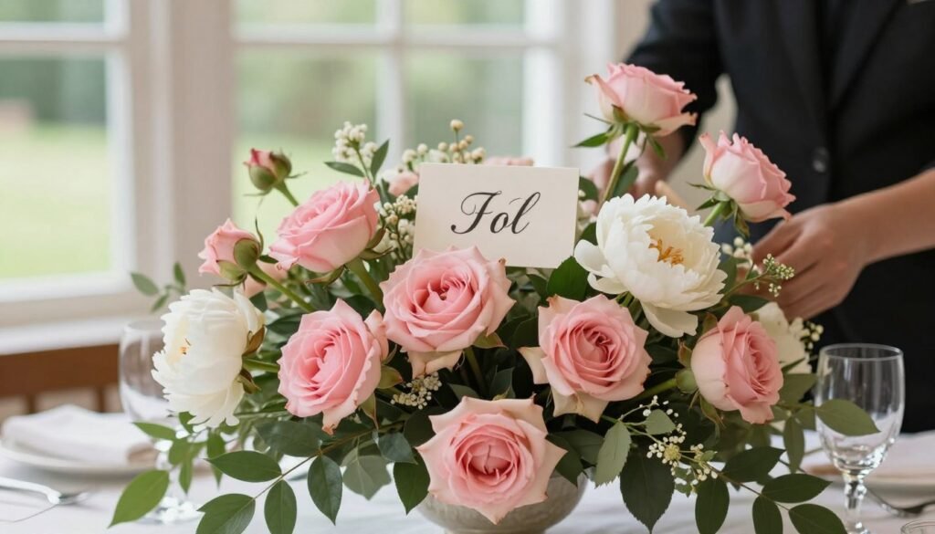 table number integrated into rose centerpiece arrangement