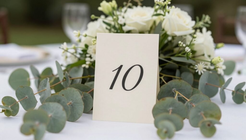 table number surrounded by eucalyptus and greenery