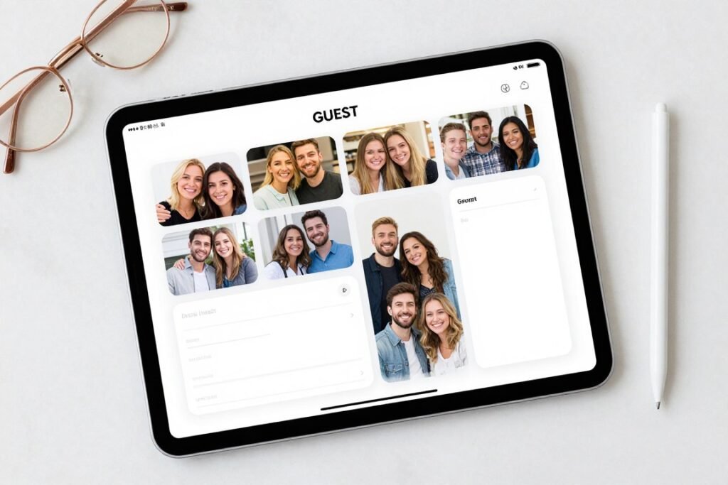 tablet displaying digital guest book interface with photo upload and message options at modern wedding tablet displaying digital guest book interface with photo upload and message options at modern wedding