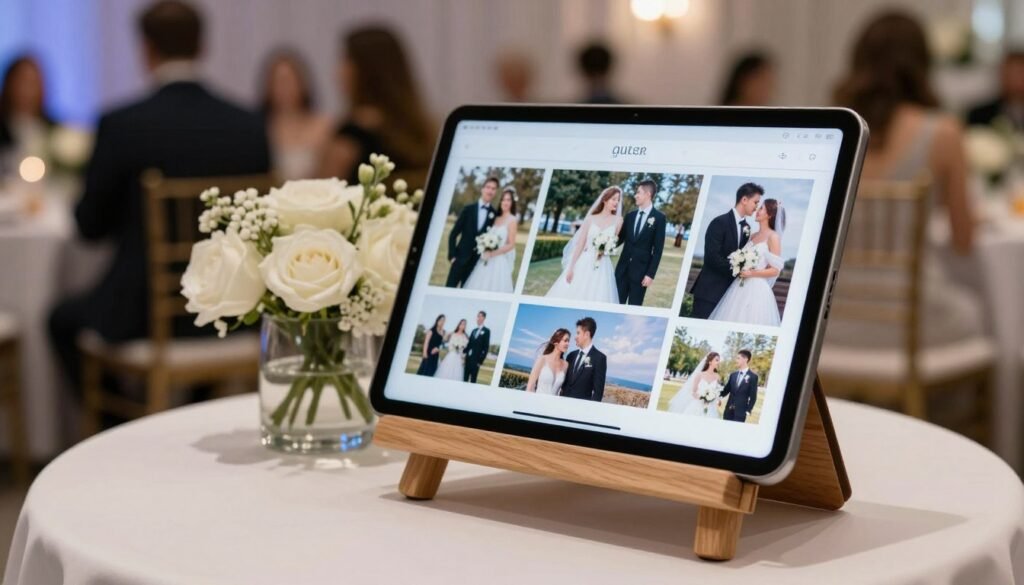 tablet displaying digital memorial page at wedding reception