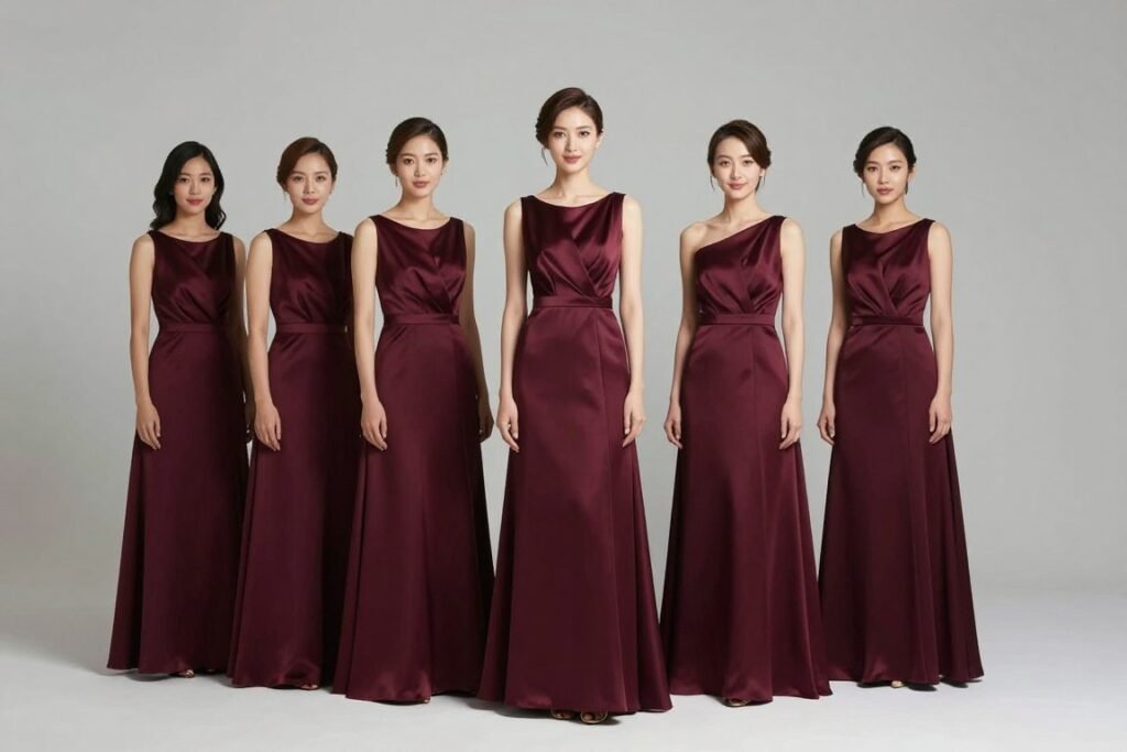 tall bridesmaid in long satin dress full length