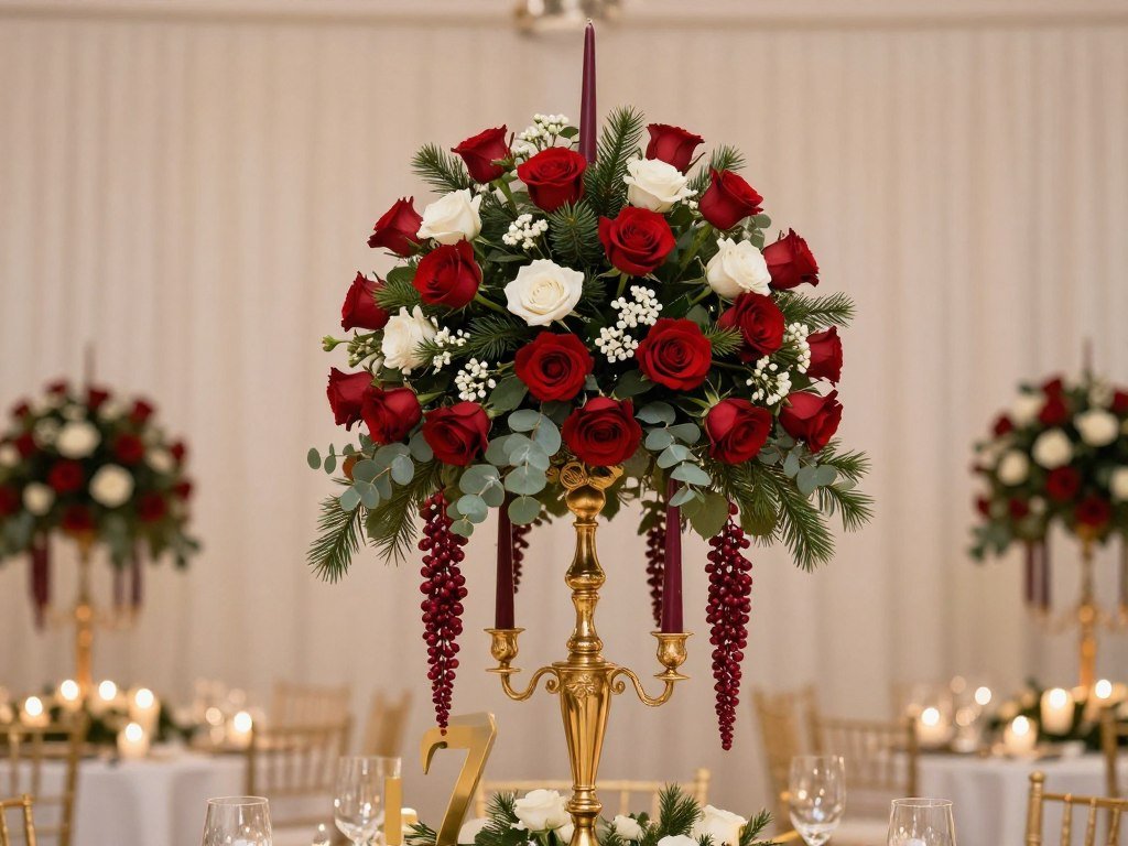 tall christmas wedding centerpiece with red roses eucalyptus and gold candelabra tall christmas wedding centerpiece with red roses eucalyptus and gold candelabra