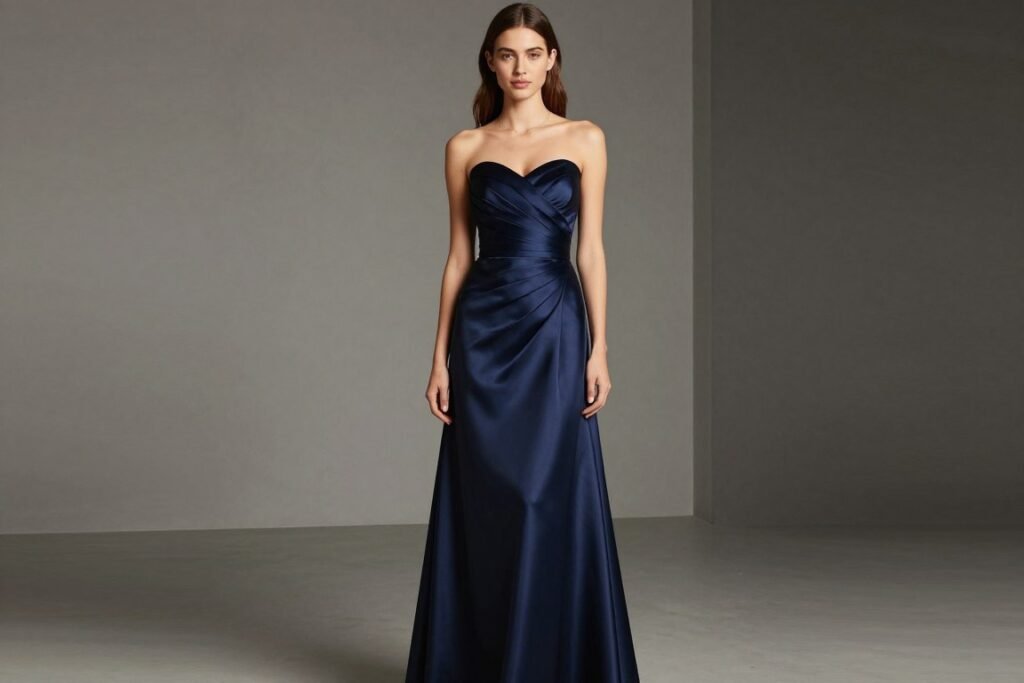tall model in detailed satin bridesmaid dress