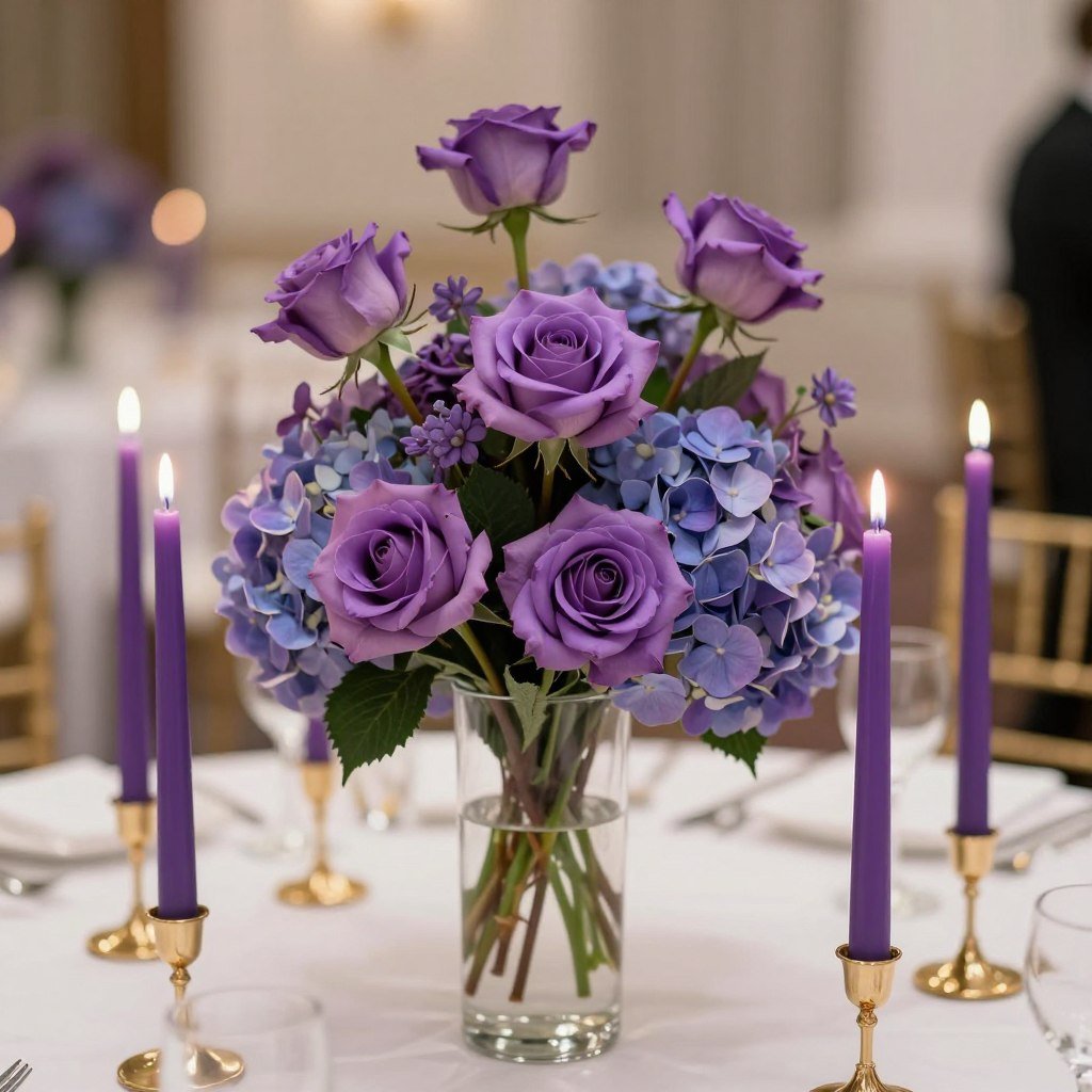 tall purple floral centerpiece with candles