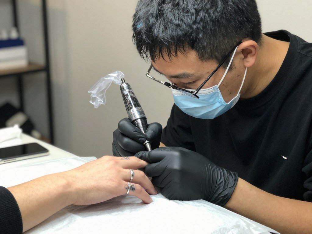tattoo artist working on ring finger showing professional service