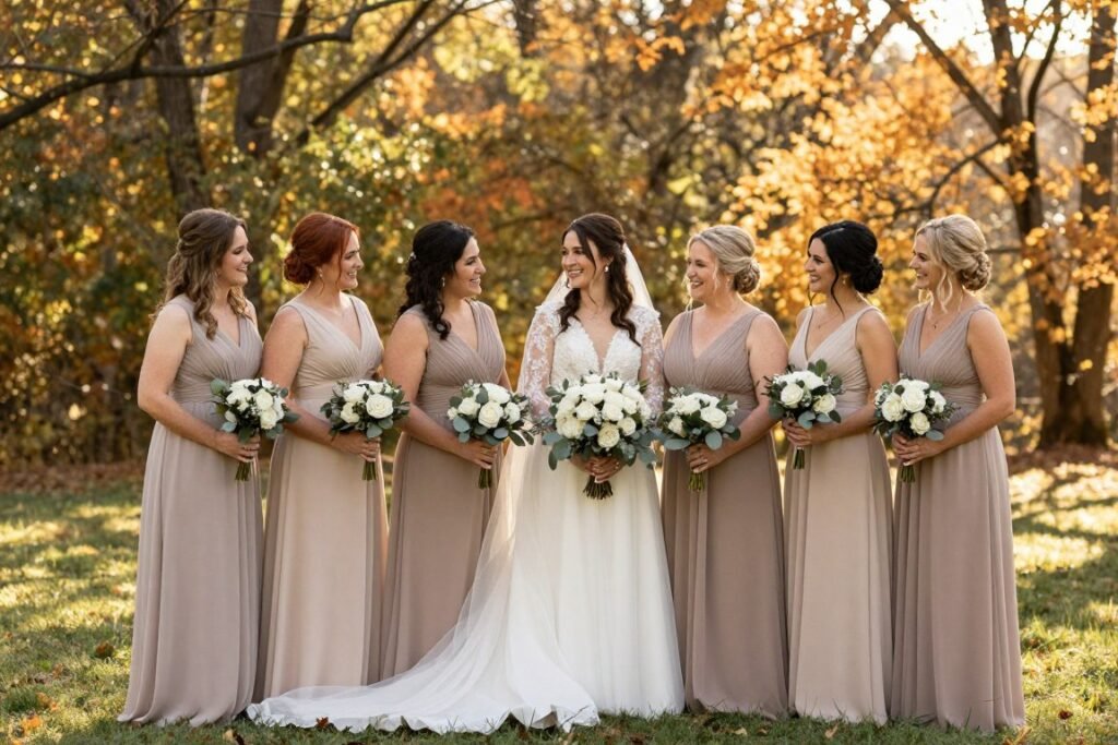 taupe and mocha neutral bridesmaid dresses at autumn outdoor wedding