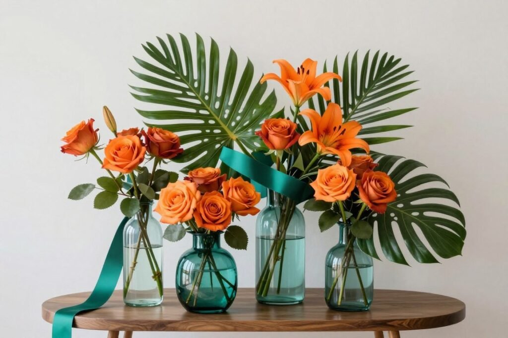 teal and orange wedding centerpiece arrangement