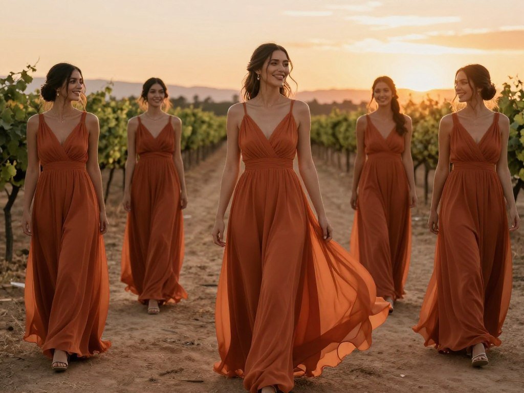 terracotta colored bridesmaid dress for sunset wedding