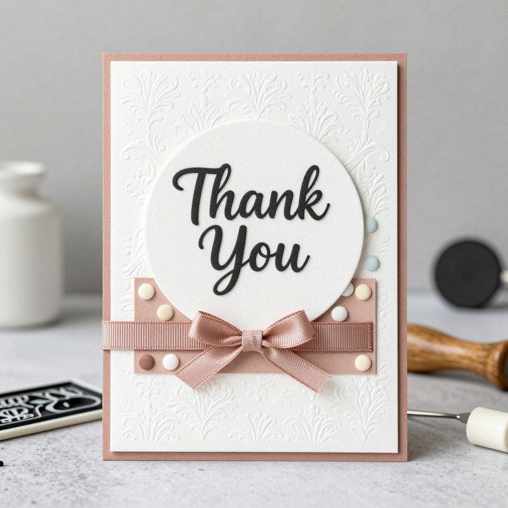 textured handmade thank you card with embossed pattern and layered elements