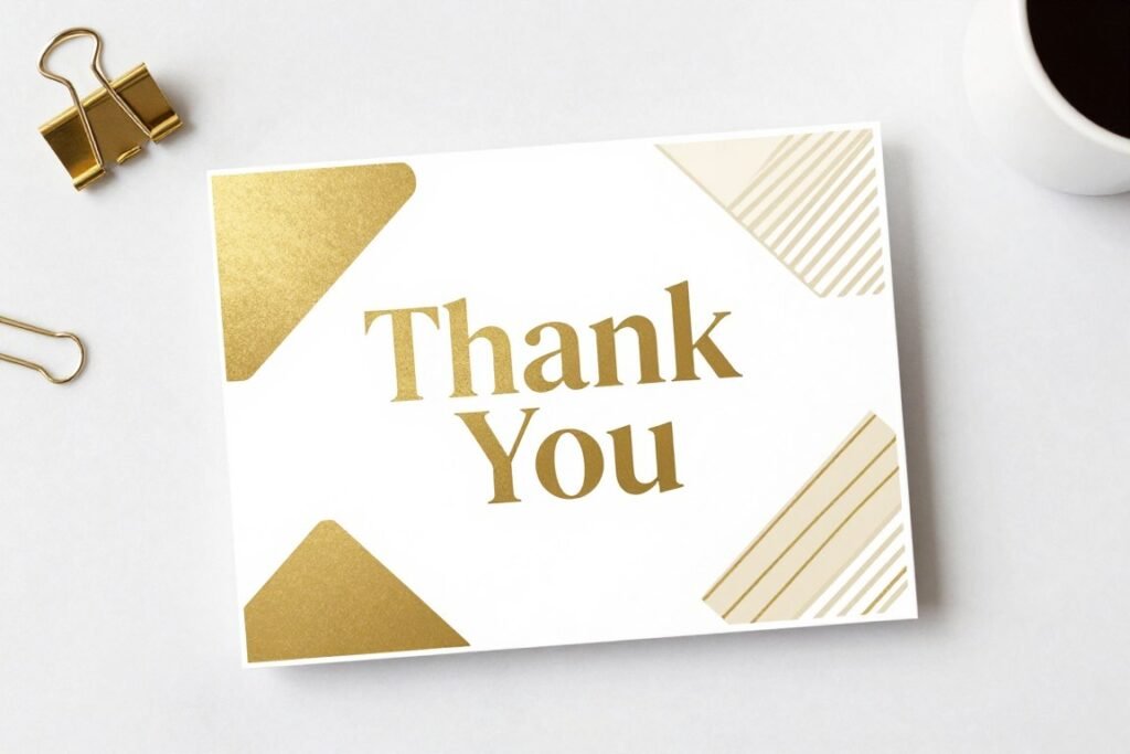 thank you card with modern metallic accents and geometric elements