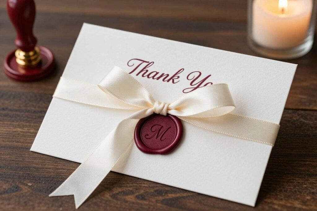 thank you card with wax seal and silk ribbon embellishments