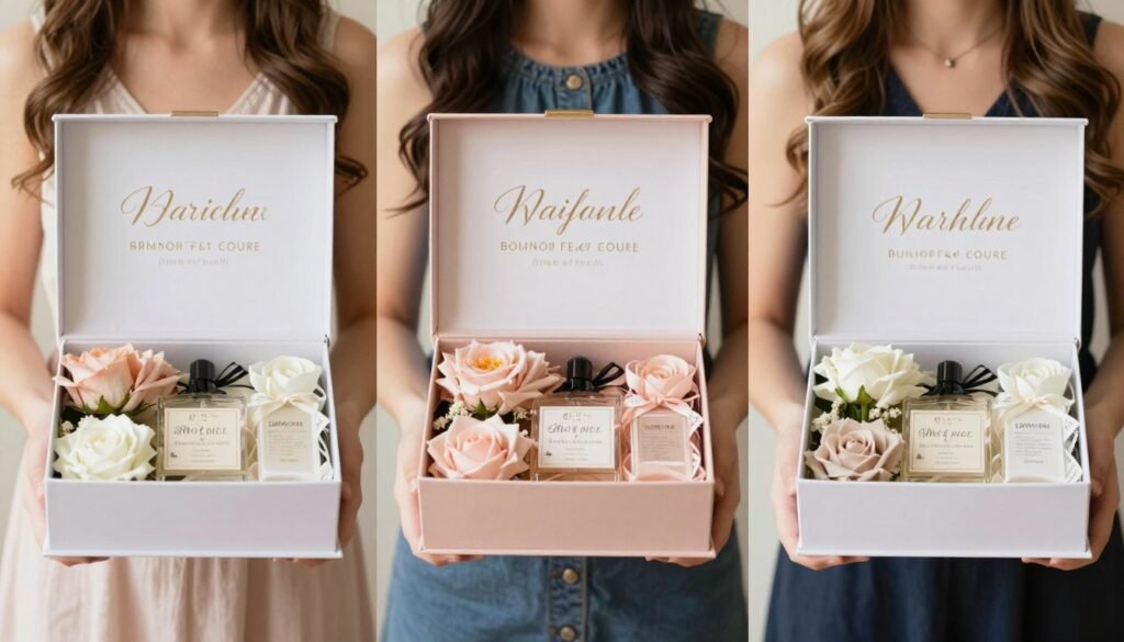 three different bridesmaid boxes showing personalization while maintaining unified aesthetic