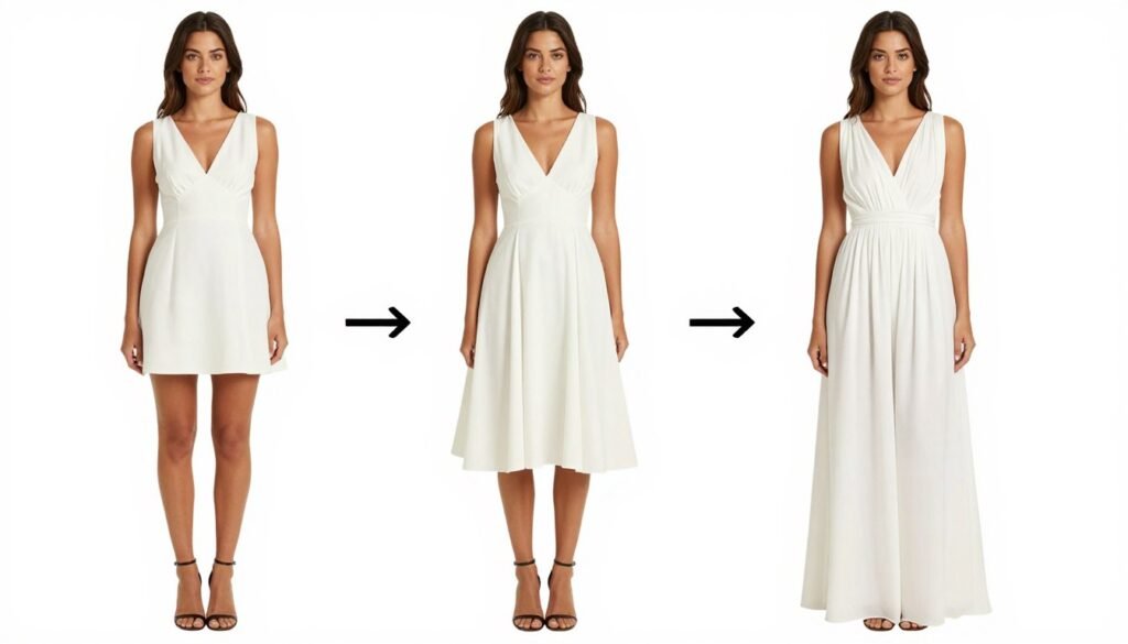 three dress lengths side by side
