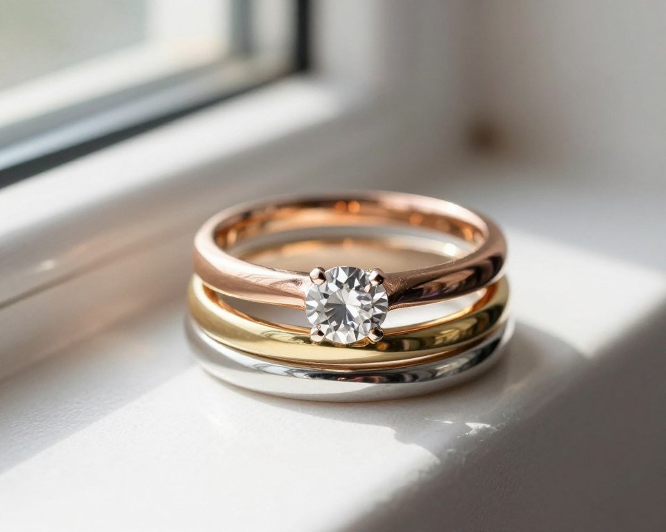 three metal ring stack with white rose and yellow gold bands