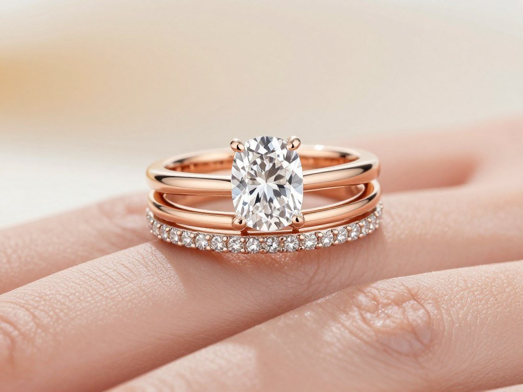 three ring stack featuring engagement ring with flanking bands