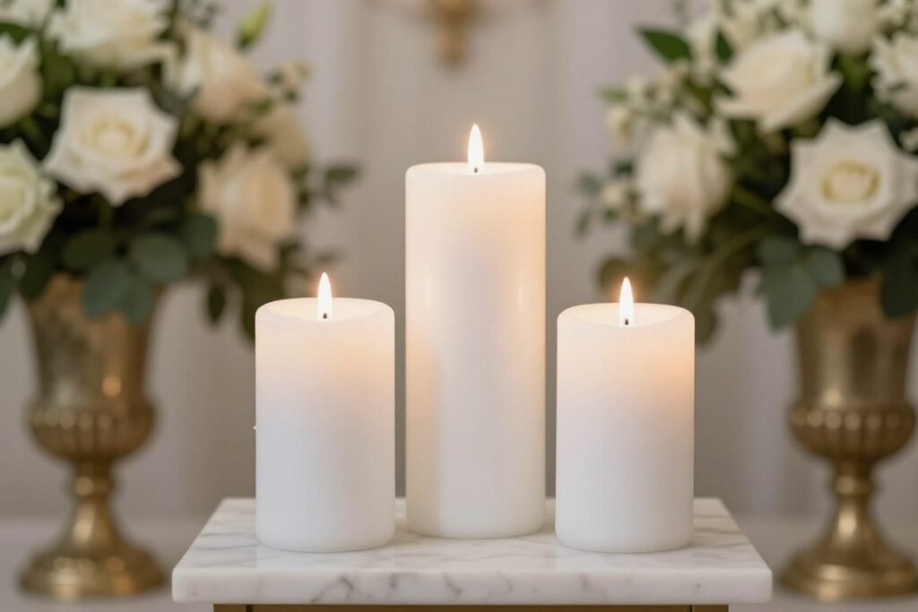 three white pillar candles during unity ceremony at wedding altar