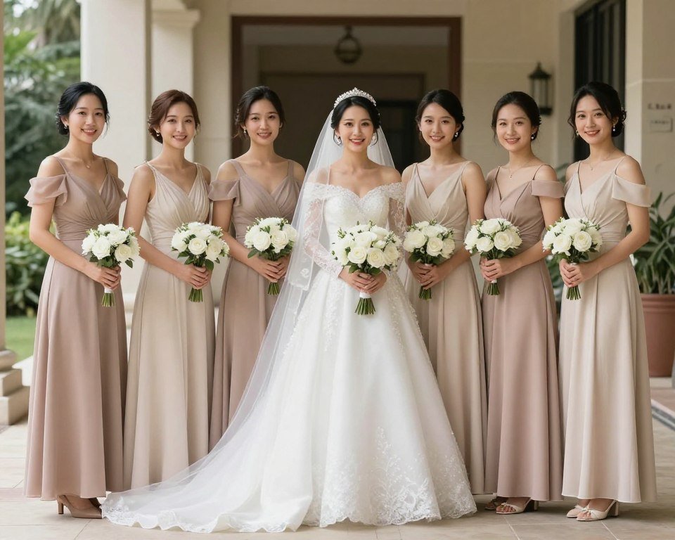 timeless wedding party photo with neutral bridesmaid dresses