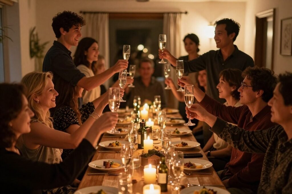 toasting moment at rehearsal dinner with raised glasses toasting moment at rehearsal dinner with raised glasses