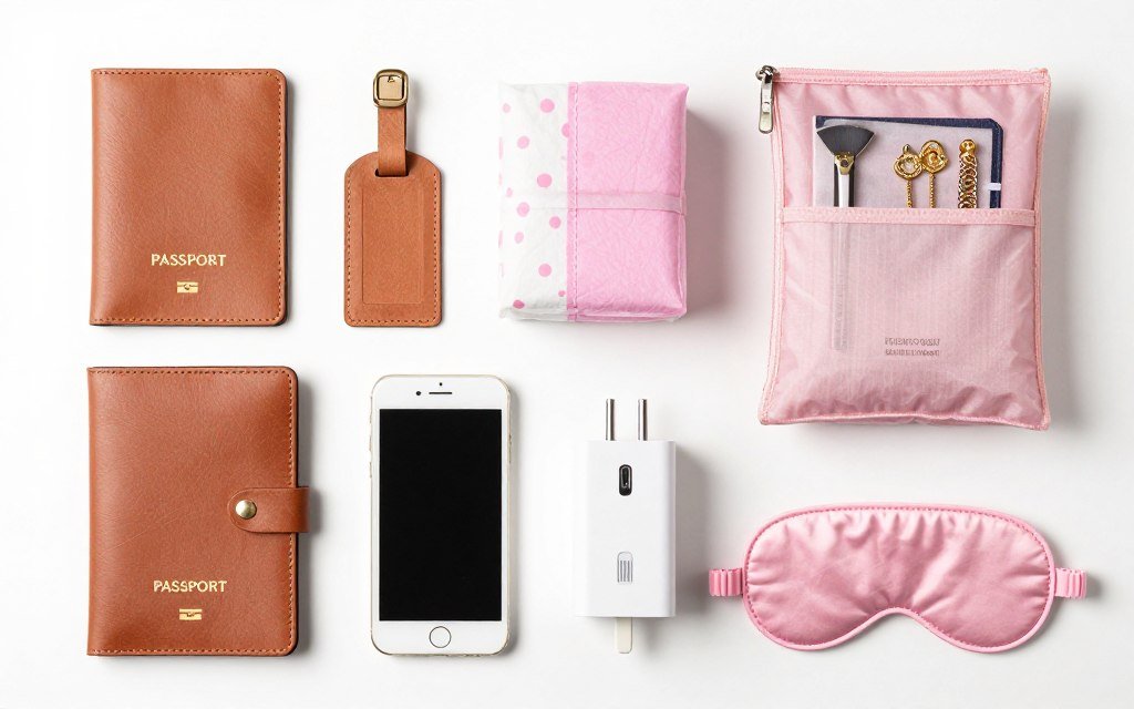 travel essentials spread including passport holder luggage tag and organizers