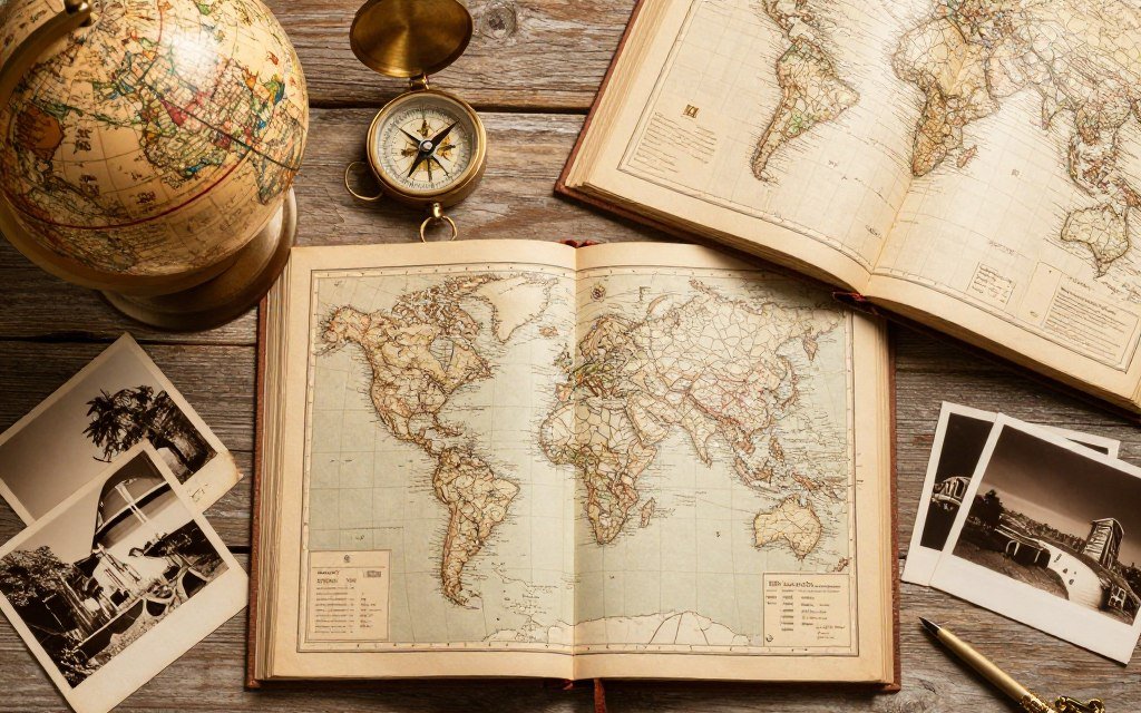 travel themed book centerpiece with vintage atlas and globe travel themed book centerpiece with vintage atlas and globe