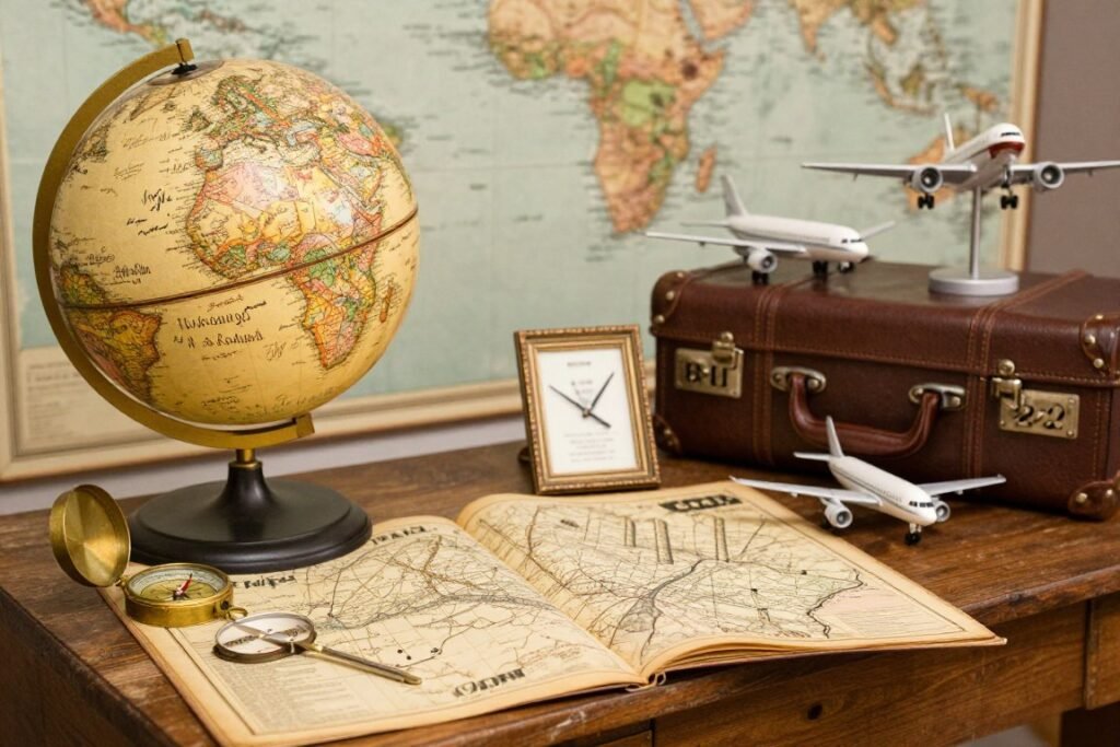 travel themed wedding guest book display with vintage globe, maps, and suitcase decorations travel themed wedding guest book display with vintage globe, maps, and suitcase decorations